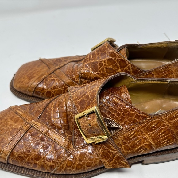 Mens David Eden Genuine Alligator Crocodile Shoes 8.5 Tan Monk Strap Loafers - Picture 9 of 9
